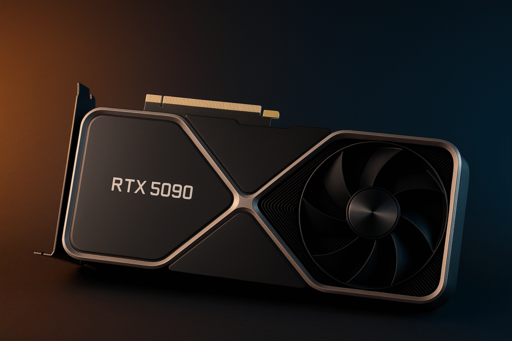 Видеокарта NVIDIA GeForce RTX 5090 под углом на тёмном фоне, премиальная продуктовая презентация