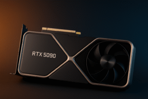Видеокарта NVIDIA GeForce RTX 5090 под углом на тёмном фоне, премиальная продуктовая презентация