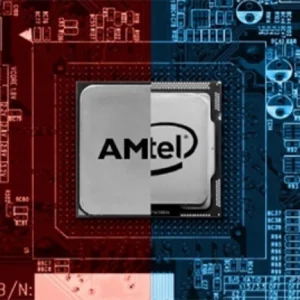AMD INTEL логотип на плате на красной/синей плате (электроника, PCB)
