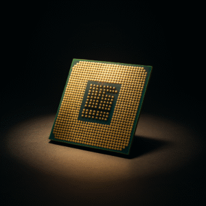Процессор в презентационном стиле на затемненном фоне, подсвеченный светом, символизирующий выбор комплектующих для сборки ПК.
